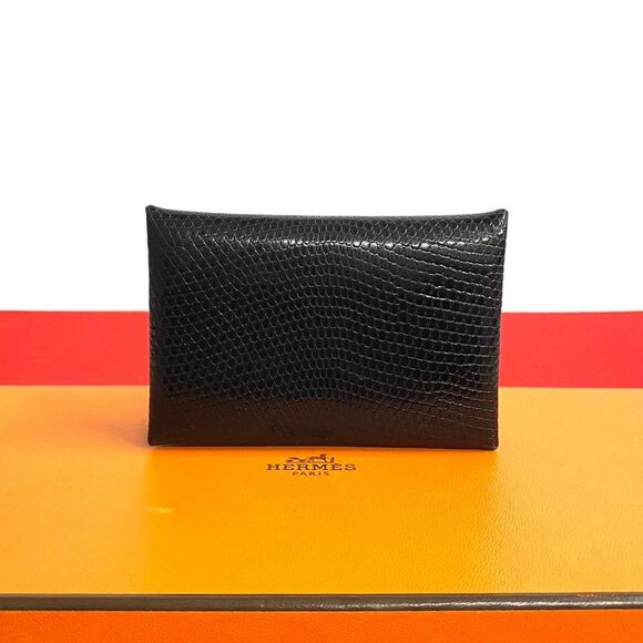 Hermes Lizard Calvi Card Case Black - Picture 1 of 6